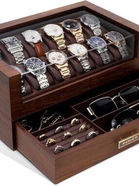 High End Watch Box for Men, 12 Slot Wooden Watch Case With Drawer, Watch Display